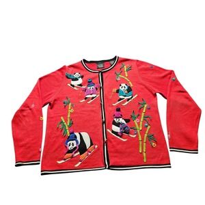 Christina Rotelli Panda Cardigan Womens M Red Cotton Skiing Novelty Sweater